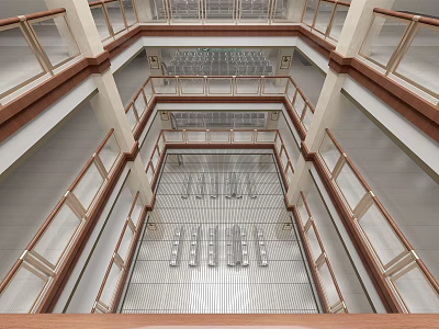 Multi Level Atrium Interior With Wooden Railings And Metal Flooring Design 3d model