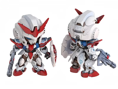 Chibi Robot Action Figures With Red White Armor Weapons And Shields 3d model
