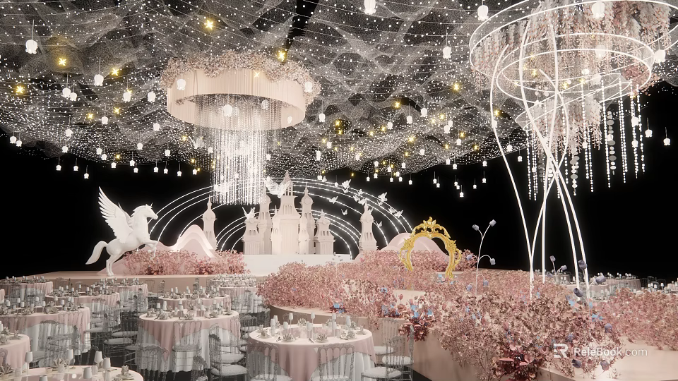 Elegant Banquet Hall With Crystal Chandeliers Pink Floral Decor And White Swan Sculptures 3d model 
