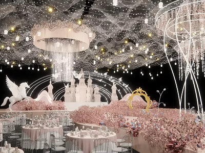 Elegant Banquet Hall With Crystal Chandeliers Pink Floral Decor And White Swan Sculptures 3d model