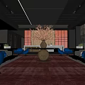 Modern Front Desk Reception Area With Luxury Sofa Red Carpet And Decorative Plants