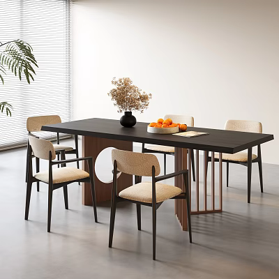 Modern Dining Table And Chairs Set With Black Tabletop Beige Seats Dried Flowers And Oranges 3d model