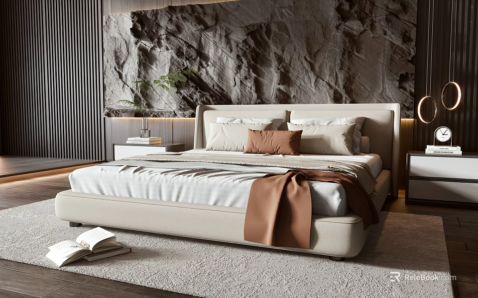Modern Double Bed With Upholstered Headboard Beige Bedding Brown Blanket And Rock Texture Wall 3d model 