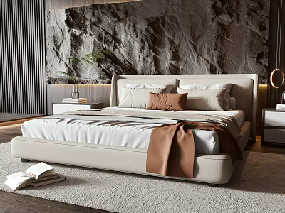Modern Double Bed With Upholstered Headboard Beige Bedding Brown Blanket And Rock Texture Wall 3d model