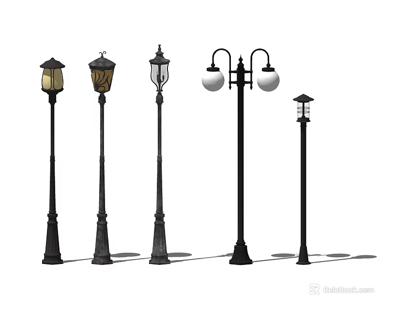 Various Designs Outdoor Lights With Black Lamp Posts And Decorative Shades 3d model 