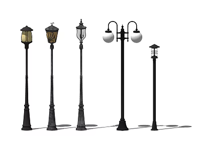 Various Designs Outdoor Lights With Black Lamp Posts And Decorative Shades 3d model