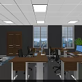 Public Office Space with Wooden Desks Computers Green Plant Sofa Ceiling Lights and Windows