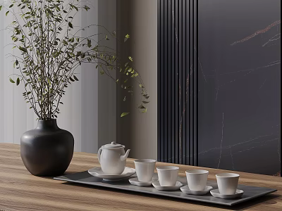 Elegant Tea Set With Teapot And Teacups On Wooden Tray Near Black Vase Plant Dark Wall 3d model