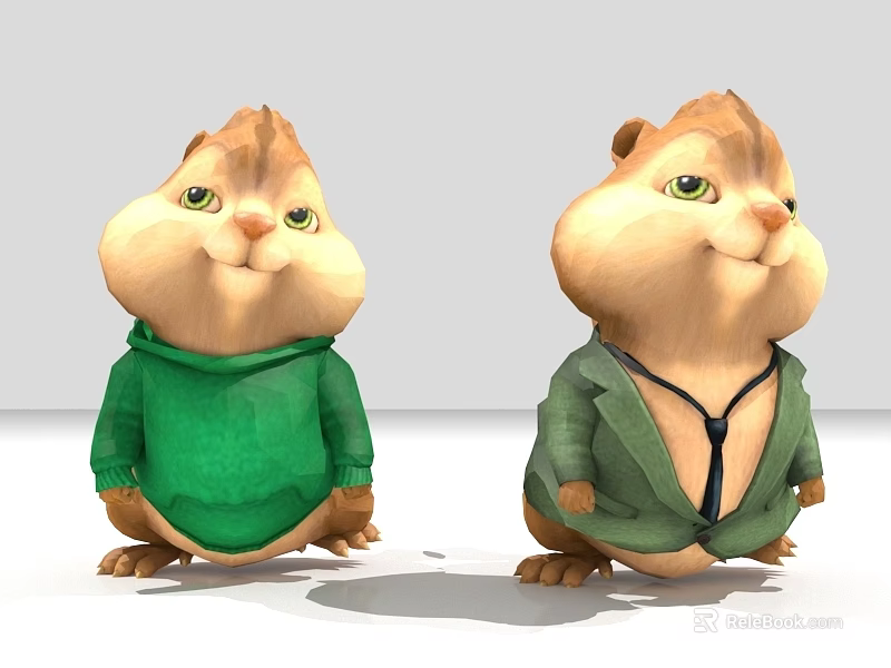 Adorable Two Cartoon Character Dolls Wearing Green Sweater And Coat With Tie 3d model 