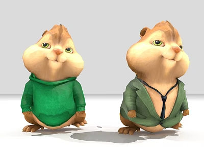 Adorable Two Cartoon Character Dolls Wearing Green Sweater And Coat With Tie 3d model