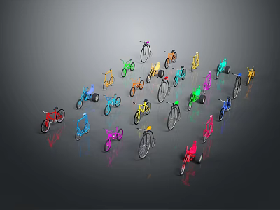 Colorful Bicycles with Various Styles and Different Colors Arranged in 3d model