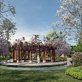 Outdoor Landscape Seats Under Wisteria Pergola With Greenery And Leisure Space