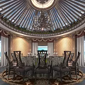 Luxurious Circular Private Dining Room With Domed Ceiling Chandelier And Round Table