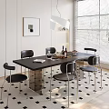 Dining Table Set with Six Black Chairs Checkered Rug Floor Lamp and Potted Plant