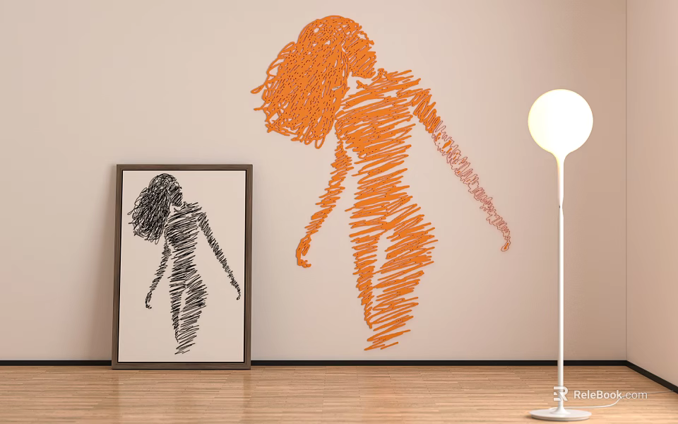 Line Style Female Silhouette Sculptures Orange Black on Wall and Framed Indoor Art 3d model 