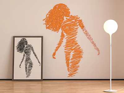 Line Style Female Silhouette Sculptures Orange Black on Wall and Framed Indoor Art 3d model