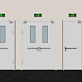 Industrial Safety Exit Doors With Green Signs Fire Extinguishers And Alarm