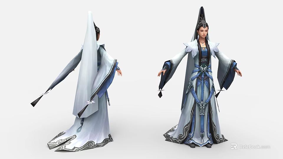 Game Film Character in Ancient Blue and White Flowing Robe with Elaborate Headdress 3d model 