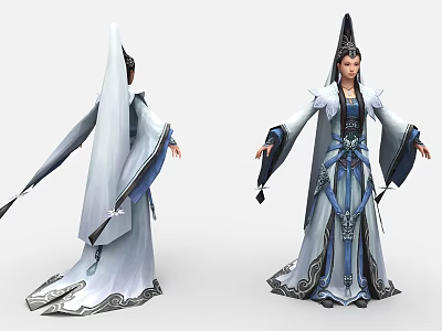 Game Film Character in Ancient Blue and White Flowing Robe with Elaborate Headdress 3d model