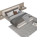 Modern Gray Double Bed With Pillows Blanket And Bedside Tables With Vase Lamp And Rug