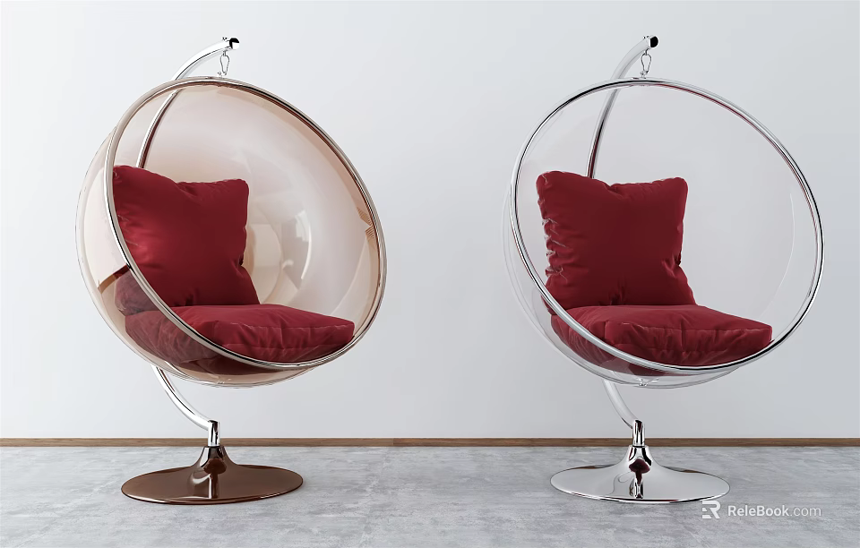 Modern Transparent Globe Hanging Chairs With Red Cushions And Metal Bases 3d model 