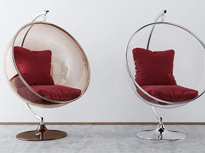 Modern Transparent Globe Hanging Chairs With Red Cushions And Metal Bases 3d model