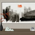 Chinese Ink Landscape Painting With Black Gray Washes Red Circle And Calligraphic Characters
