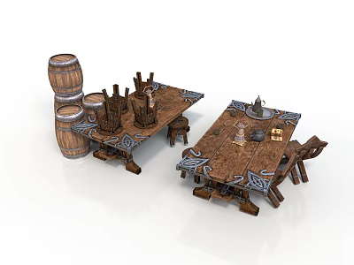 Rustic Wooden Tables And Chairs With Barrels And Decorative Cups Candle Holders 3d model