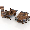 Rustic Wooden Tables And Chairs With Barrels And Decorative Cups Candle Holders