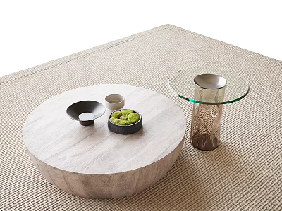 Round Wooden Coffee Table With Decorative Items And Glass Side Table On Beige Rug 3d model