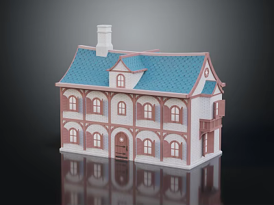Traditional Ancient Building With Blue Tiled Roof Arched Windows And Chimney Structure 3d model