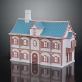 Traditional Ancient Building With Blue Tiled Roof Arched Windows And Chimney Structure