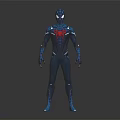 Superhero Character Wearing Blue Black Red Costume Standing Pose On Reflective Floor With Dark Background