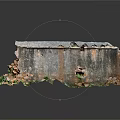 Ruined Wall Structure With Peeling Surfaces And Green Plants On Reflective Ground
