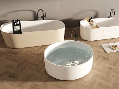 Beige And White Freestanding Bathtubs With Black Faucets On Herringbone Wooden Floor And Slippers 3d model