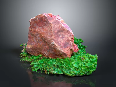 Red Natural Stone with Green Moss on Dark Background and Reflection Texture 3d model
