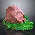 Red Natural Stone with Green Moss on Dark Background and Reflection Texture
