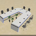 U Shaped Conference Table With White Top Blue Edge Black Office Chairs And Green Plants