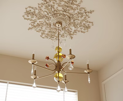 Elegant Classic Brass Chandelier With Crystal Drops And Ceiling Medallion Design 3d model