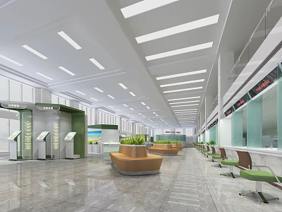 Spacious Modern Service Hall Interior With Service Windows Seating Areas And Marble Floors 3d model