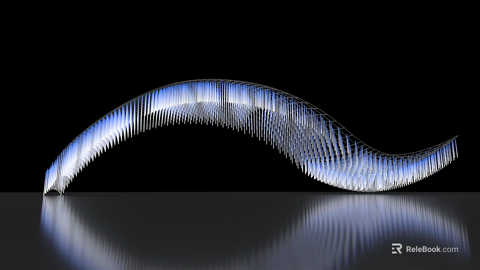 Decorative Light With Wave Shaped Metallic Structure Blue White Illuminated Slim Strips And Reflection 3d model