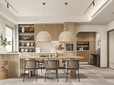 Elegant Modern Restaurant Interior With Wooden Dining Table And Pendant Lights 3d model