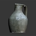 Vintage Grayish White Ceramic Jug With Textured Surface And Handle On Dark Surface