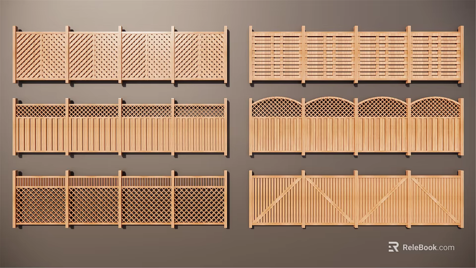 Various Wooden Fence Designs Featuring Lattice Arched Tops Flat Panels And Gates 3d model 