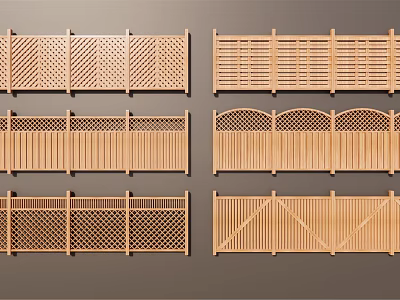 Various Wooden Fence Designs Featuring Lattice Arched Tops Flat Panels And Gates 3d model
