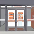 Modern Retail Store Front With Glass Doors Orange Shelves And Red Mat