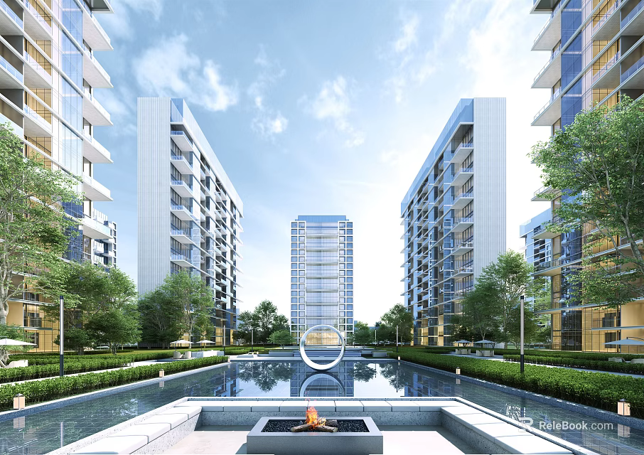 Modern Residential Buildings with Water Feature Greenery and Open Space in Contemporary Design 3d model 