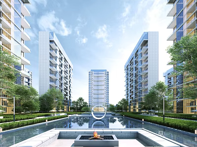 Modern Residential Buildings with Water Feature Greenery and Open Space in Contemporary Design 3d model