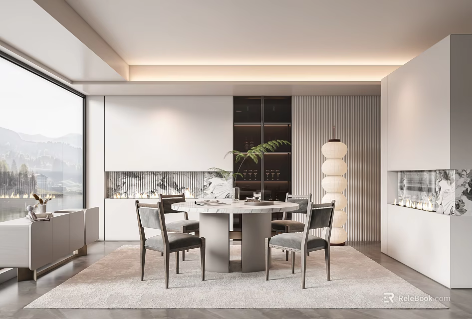 Elegant Modern Restaurant Interior With Wooden Dining Table Fabric Chairs And Floor to ceiling Windows 3d model 