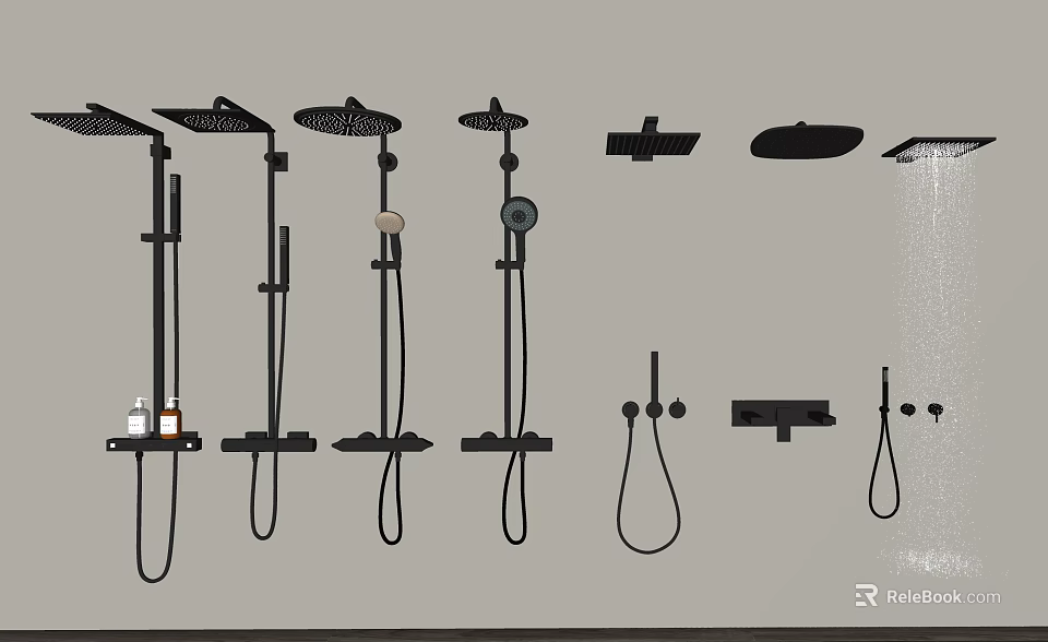 Modern Black Shower Heads With Various Designs Including Overhead And Handheld 3d model